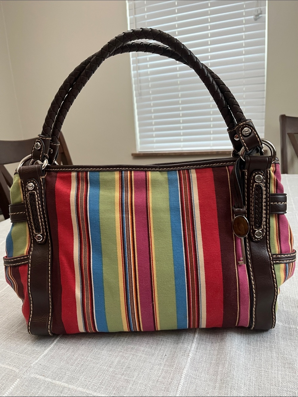 VINTAGE Fossil Multicolor Striped Canvas Shoulder Bag with Brown Leather Trim - Picture 1 of 10